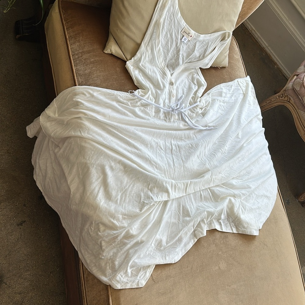 Full circle Asymmetrical Summer Dress New Off White color Natural fabric V front - Picture 3 of 12